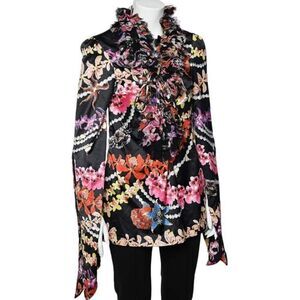 Robert Cavalli Just Cavalli Black Floral Printed Sateen Ruffled Neck Detail Top